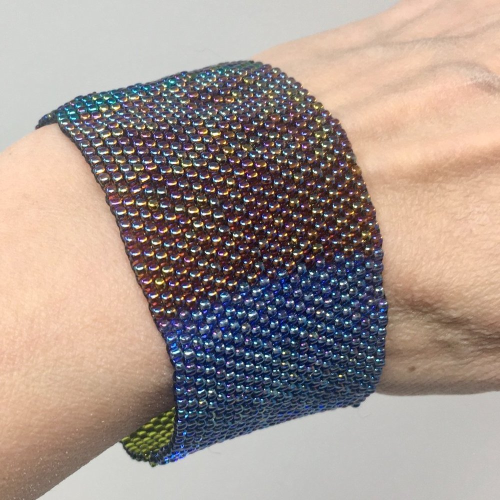 Vintage Iridescent Japanese Seed Bead Wide Slip On Wrist Band Cuff Bracelet
